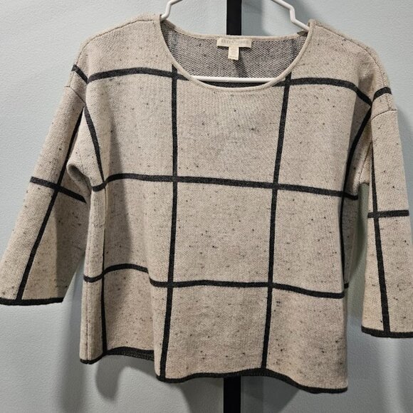 Eileen Fisher Wool Organic Cotton 3/4 Sleeves Peppered Windowpane Sweater PP - Picture 1 of 13